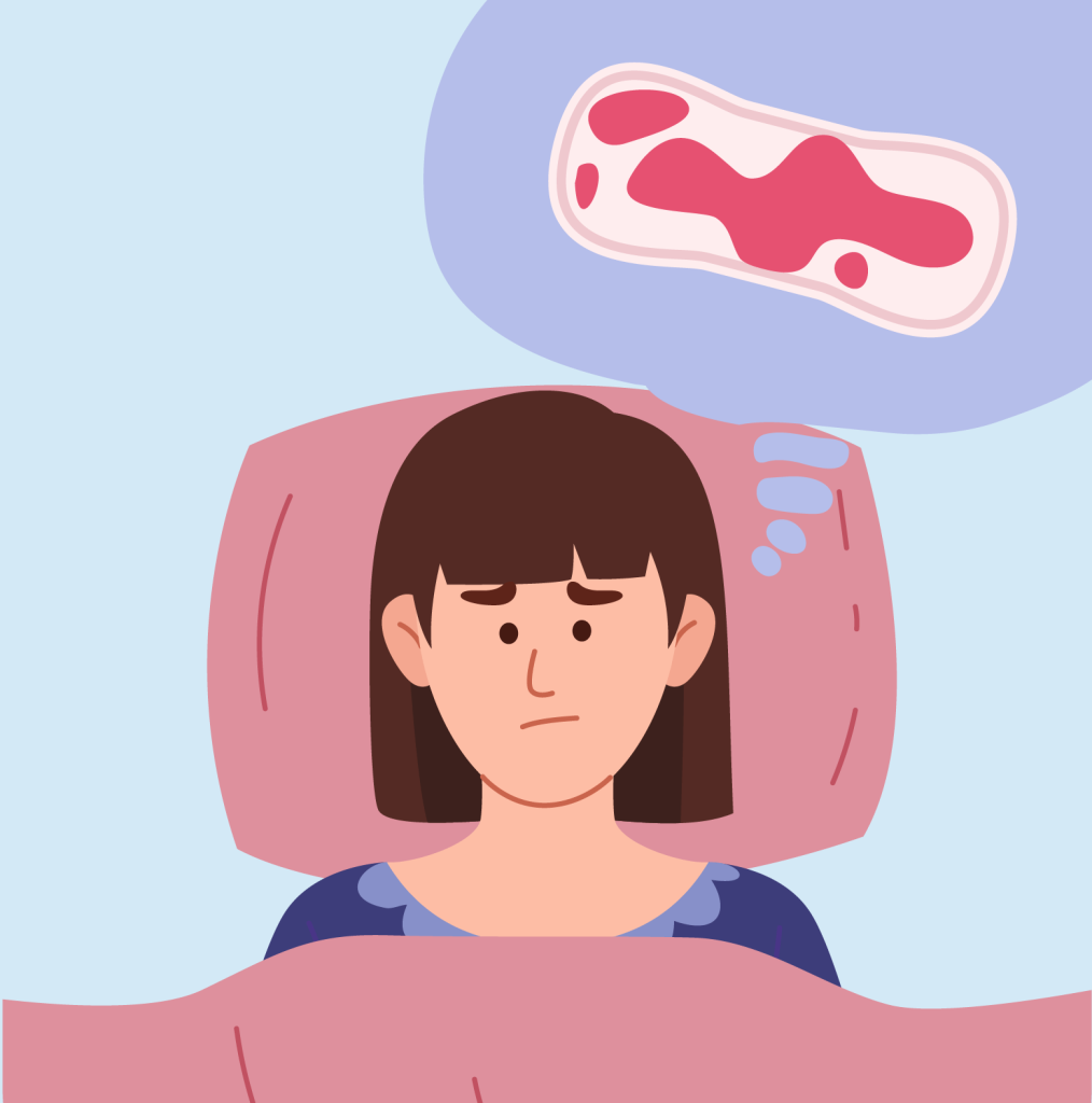 Illustration of a woman lying awake in bed indicating trouble sleeping thinking about her heavy period.