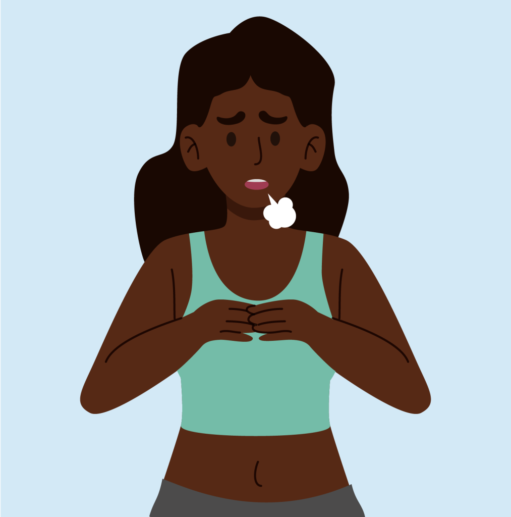 Illustration of a woman with a puff of air coming from mouth indicating shortness of breath.