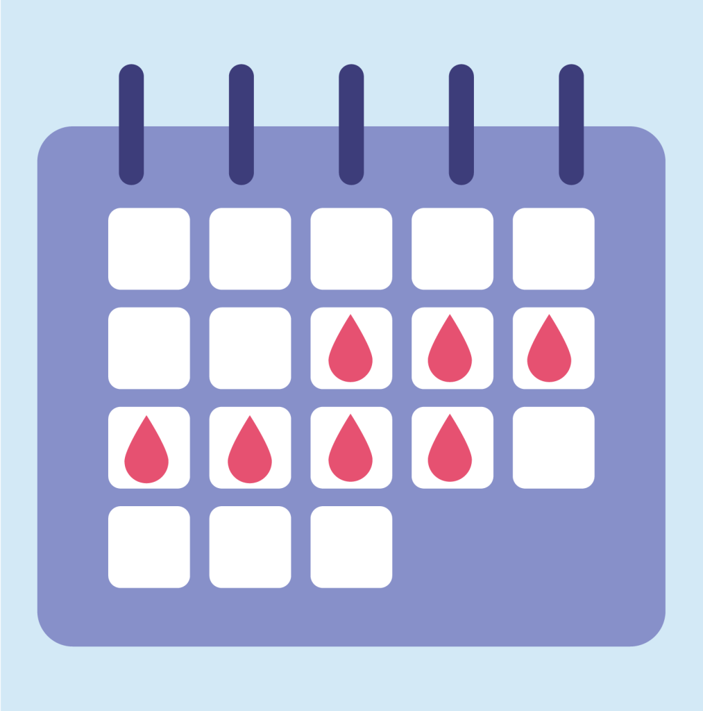 Illustration of a calendar with blood drops marking the days of a period.