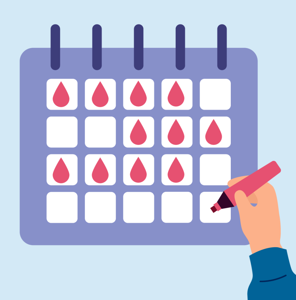 Illustration of a calendar with blood drops marking the days of a period.