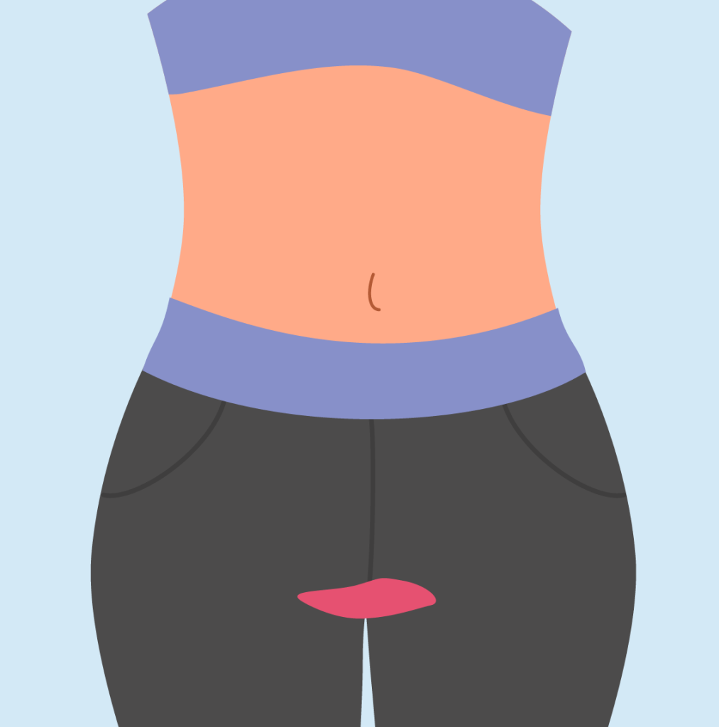 Illustration of a woman's pelvis with athletic cloths on with blood stain indicating a leaking period.