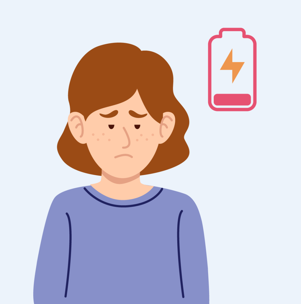 Illustration of a woman with a low battery icon indicating fatigue.
