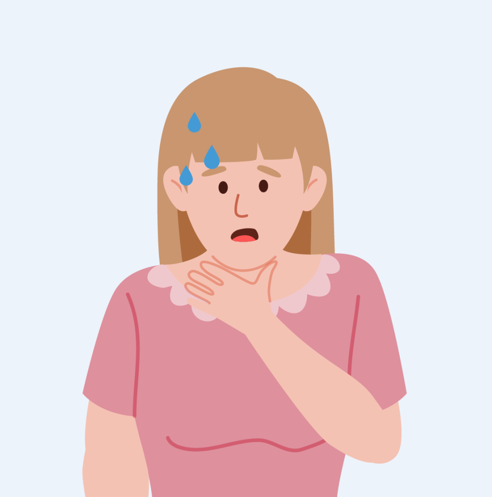 Illustration of a woman sweating and clutching chest indicating shortness of breath.