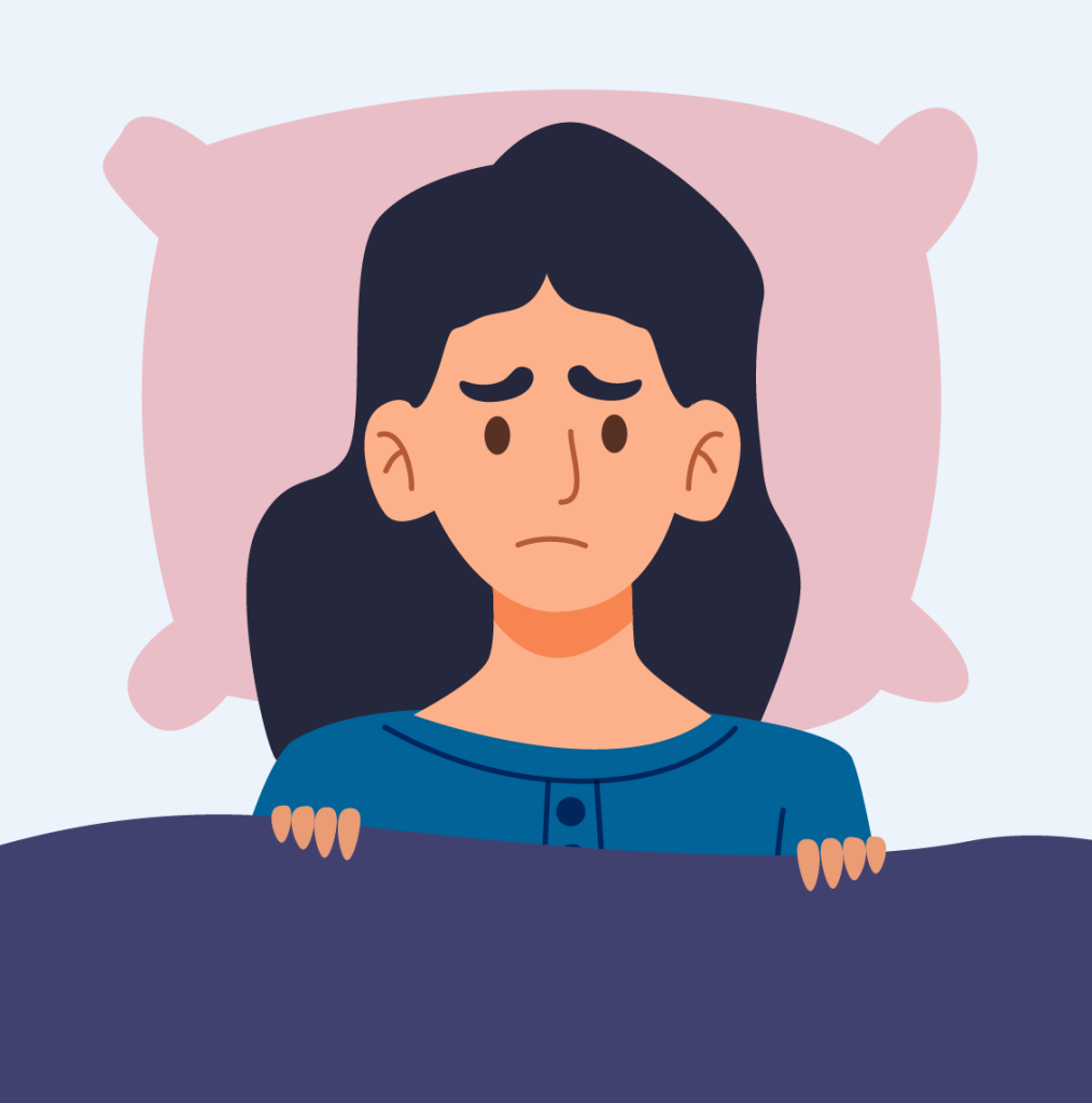 Illustration of a woman lying awake in bed indicating trouble sleeping.