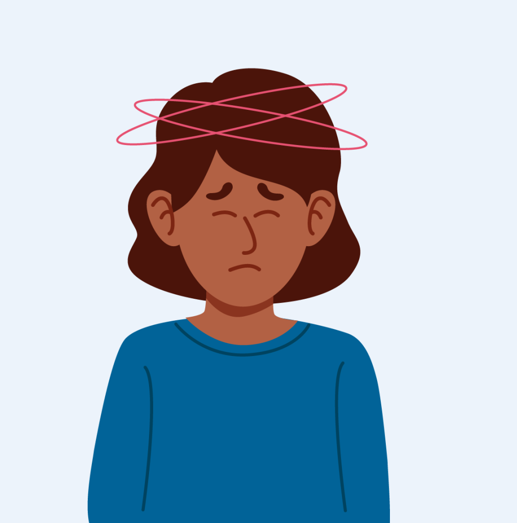 Illustration of a woman with halos around her head indicating dizziness.