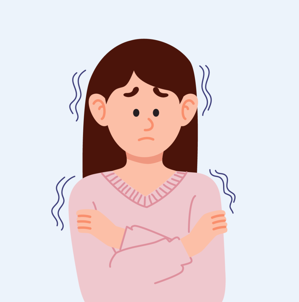 Illustration of a woman with squiggles around her indicating chilliness.