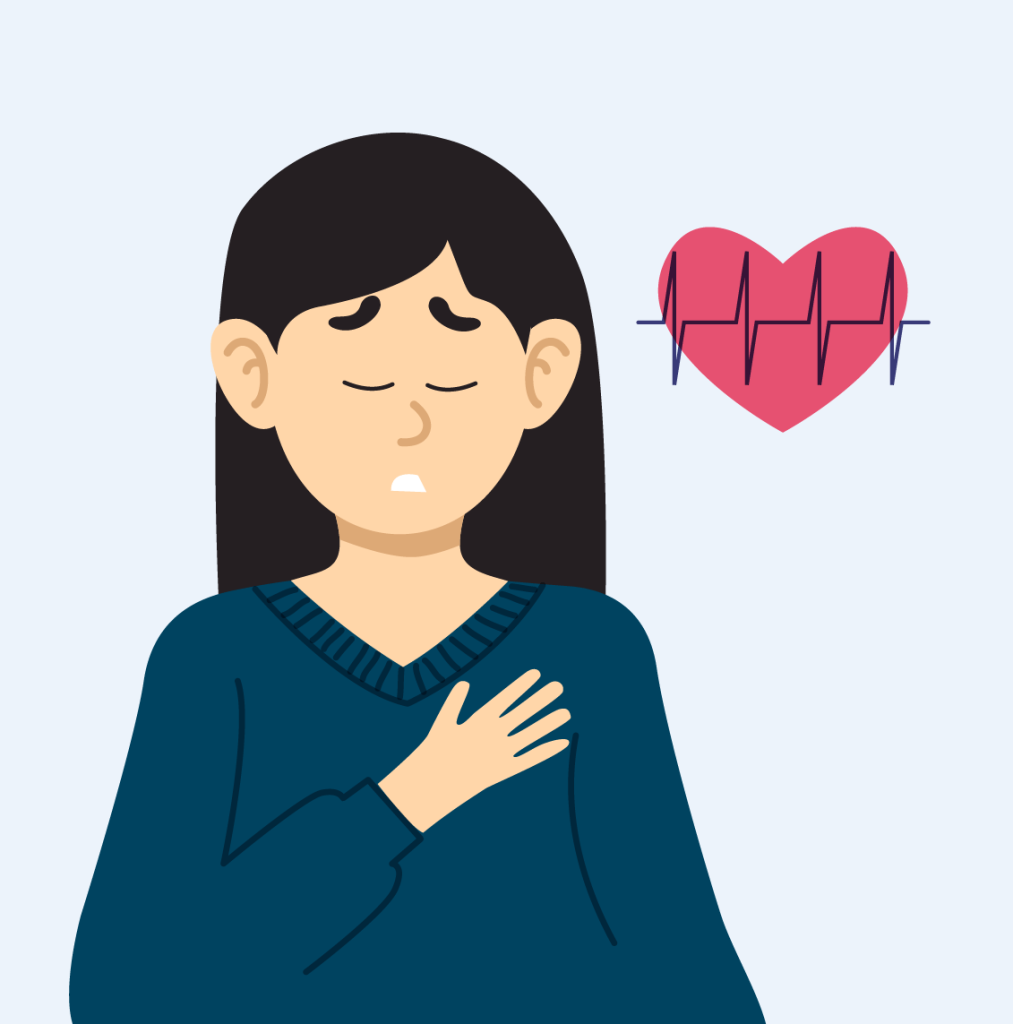 Illustration of a woman clutching her chest and an icon of a heart indicating heart issues.