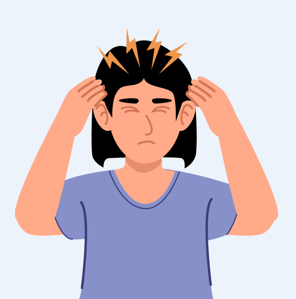 Illustration of a woman with lightening bolts around her head indicating headache.