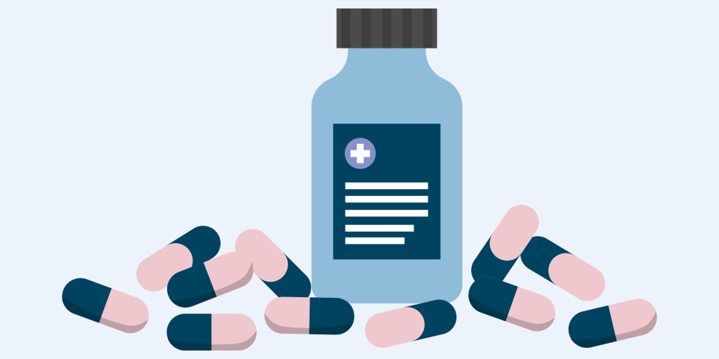 Illustration of a jar of medication with loose pills around.