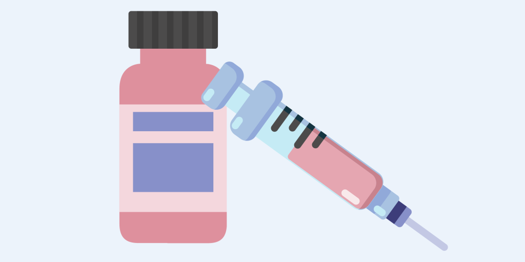 Illustration of an unlabelled medication bottle and syringe representing intravenous progestin.