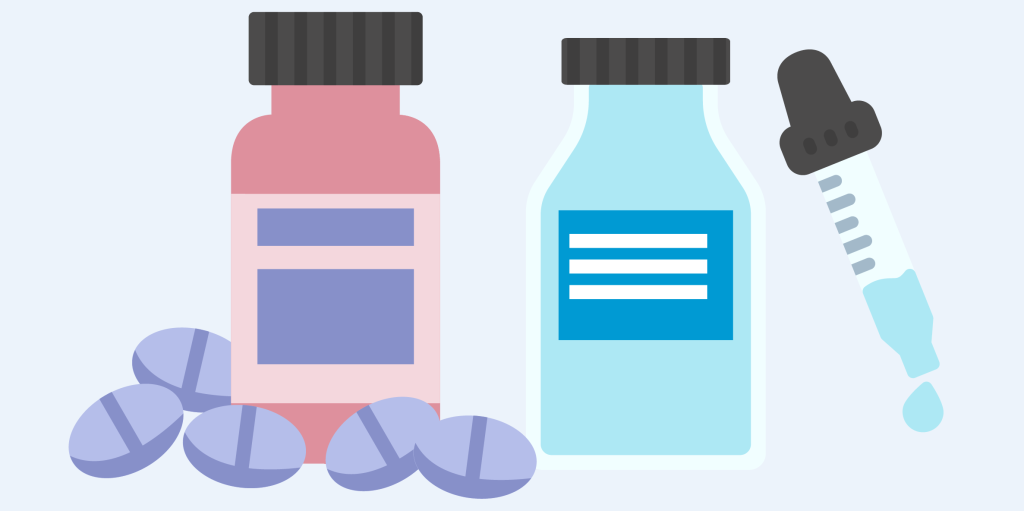 Illustration of two jars of medication with loose pills around.